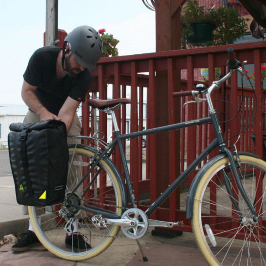 pannier backpack convertible bike bag made in USA from upcycled bike tubes by green guru roll top recycled