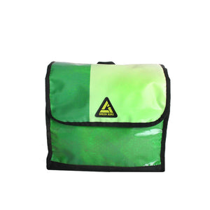 green guru dutchy pannier bike bag upcycled front view made of recycled event banners