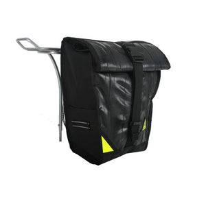 pannier backpack convertible bike bag made in USA from upcycled bike tubes by green guru attached to rear rack