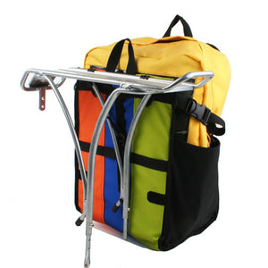 Freerider Pannier Bike Bags Multi-color reclaimed fabric upcycled vegan recycled made in usa loaded rear view on rack 