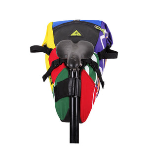 Hauler bike saddle bag green guru gear upcycled bikepacking multi-color recycled made in usa