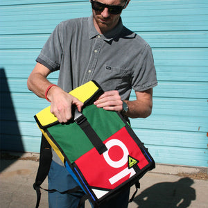 joyride roll top backpack upcycled green guru opening pack buckle made from banners